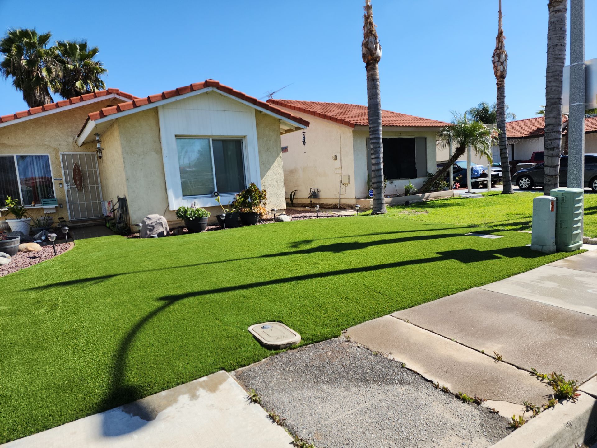 Ranch-style home front yard with Mighty Turf and palm trees